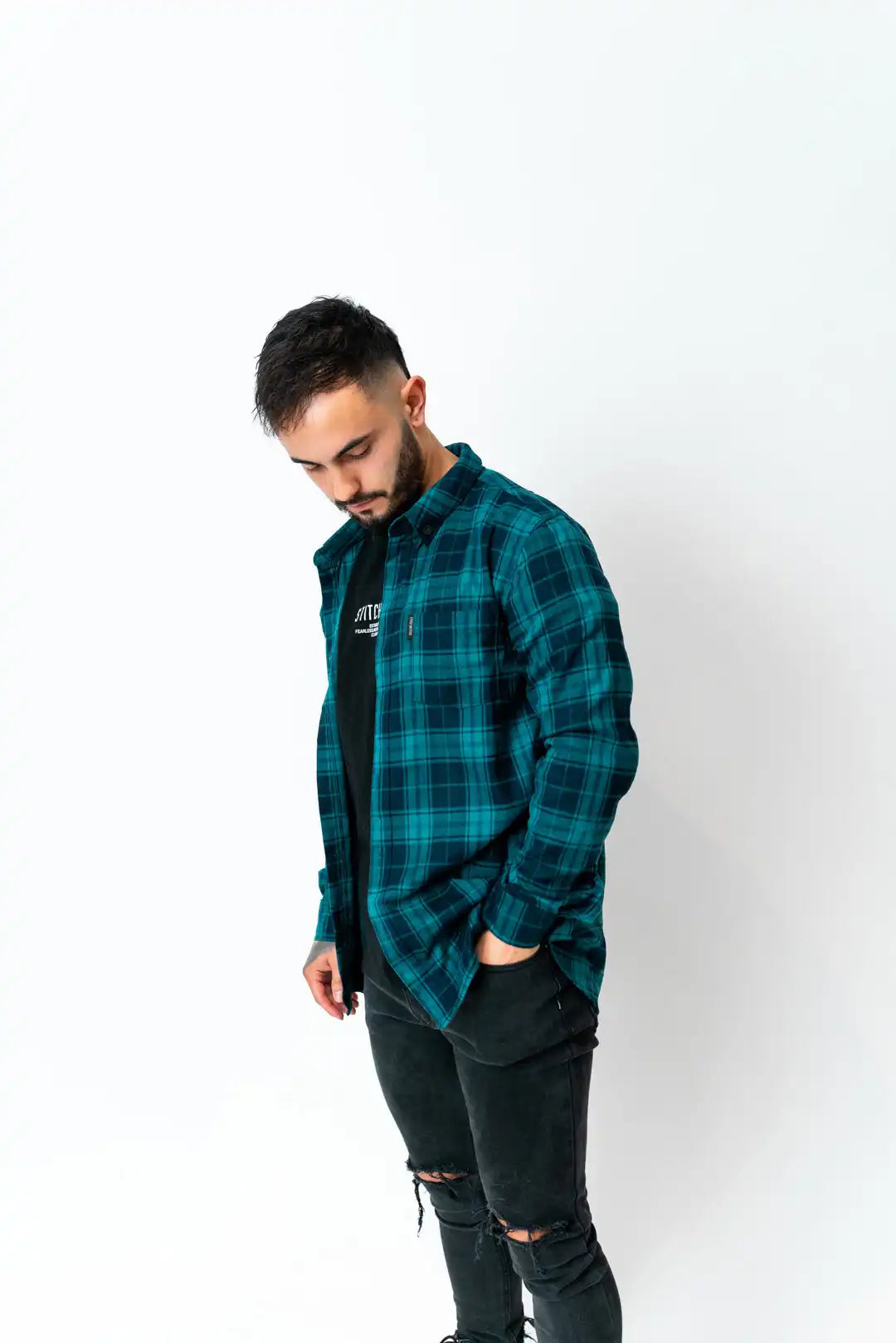 model wearing unisex stitch untitled crossroads flannel shirt