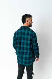 model wearing unisex stitch untitled crossroads flannel shirt