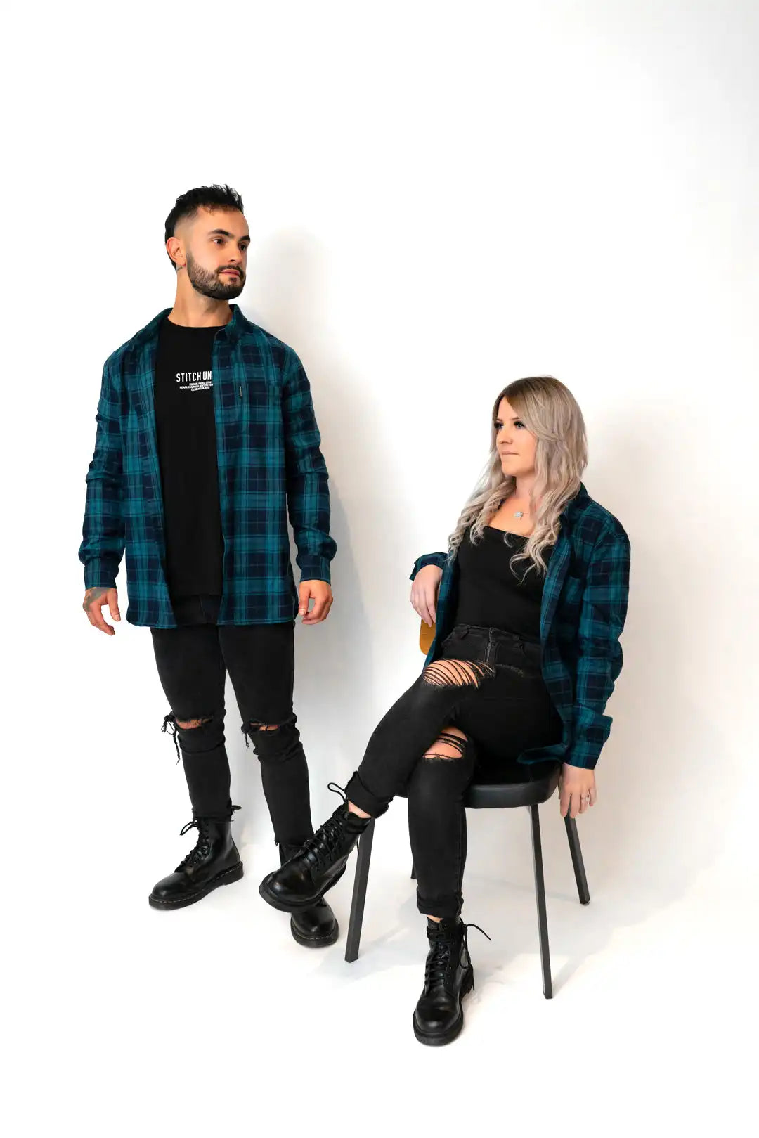 male and female wearing unisex stitch untitled crossroads flannel shirt