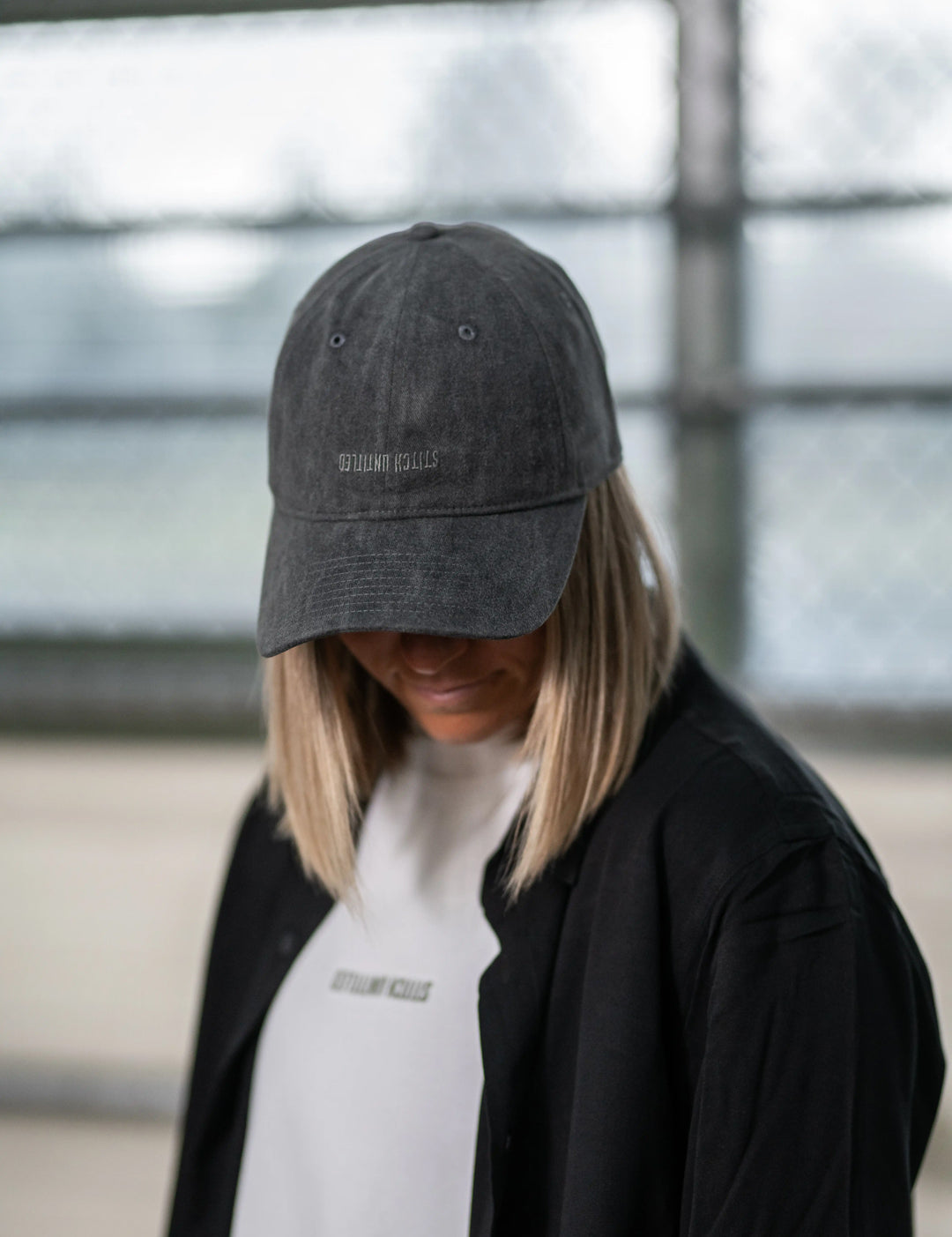 girl wearing stitch untitled unisex clothing invert cap in grey